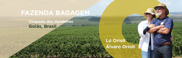 Promotional banner for Fazenda Bagagem in Golás, Brazil featuring two people in a field.