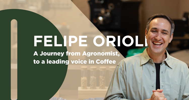 Felipe smiling with text about a journey from agronomist to a leading voice in coffee, with a blurred background.