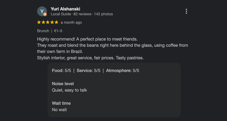 Restaurant review on a platform with text and rating details.