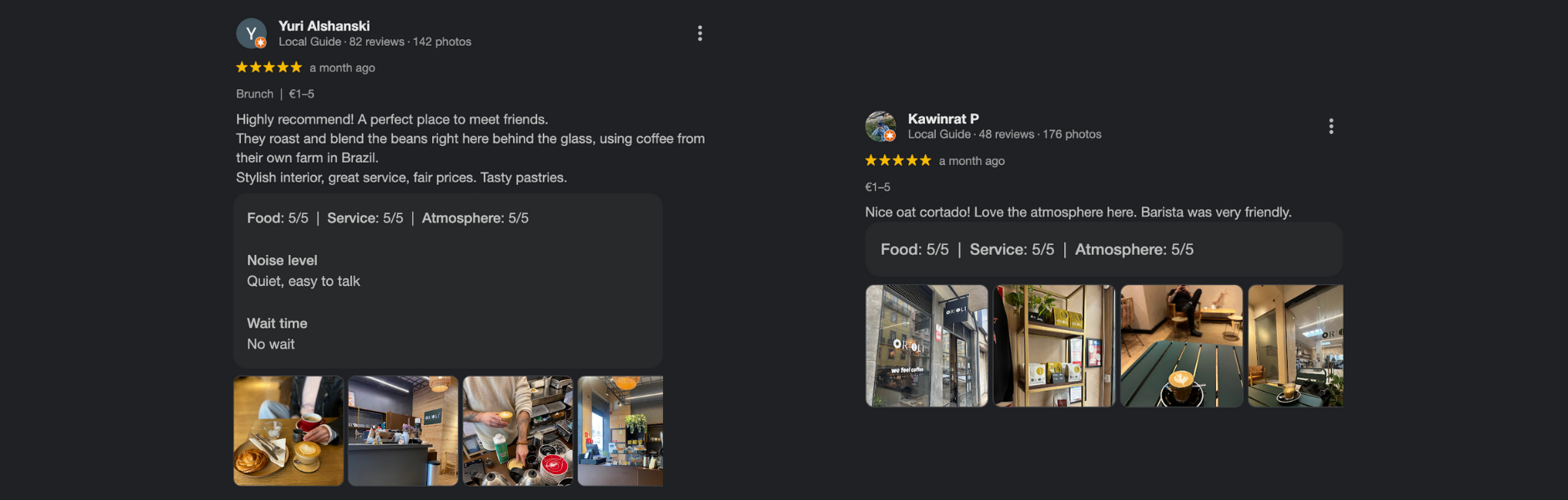 Restaurant review app interface with user ratings and photos on a dark background