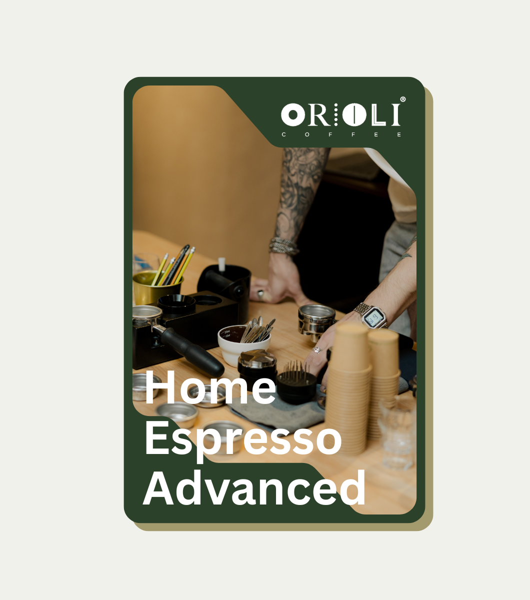 Orioli Home Espresso Advanced course promotional image with a person preparing coffee.